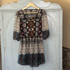 BeBop Women’s boho style Chiffon dress size S 3/4 sleeve Elastic waist & cuf